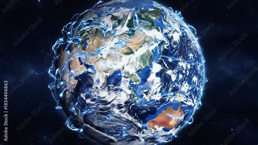 A mesmerizing 3D animation of Earth enveloped by a vibrant interconnected web of glowing blue lines representing global data flow digital communication and advanced technological networks across cont.