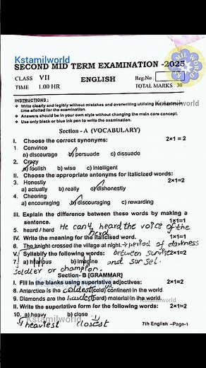 7th english 2nd mid term question paper 2025