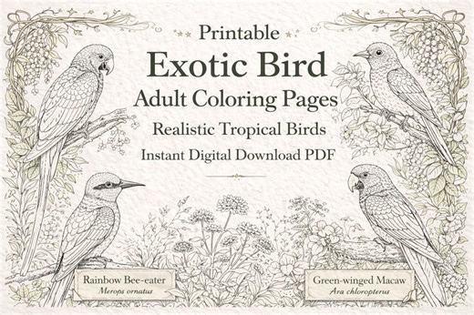 Relaxing Exotic Bird Coloring Pages – Stress Relief Printable for Adults - Etsy