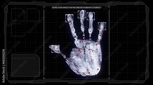 hand biometric HUD display animation, futuristic hand hologram screening, hand and finger print scanner HUD interface.