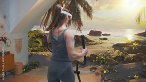 Athletic woman in VR headset starts workout on orbitrek simulator. Screen shows nature landscape. Sportswoman trains using technology of virtual reality. Metaverse futuristic home gym. VFX animation.