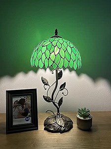 Stained Glass Table Lamp Green Leaves Iron Metal Leaves Bronze Base Included LED Bulb for Living Room Bedroom Bedside 10" W*10" D*20" H