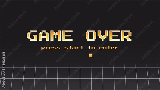 Retro game over screen with pixel theme and press start to enter text, on grid line floor black background
