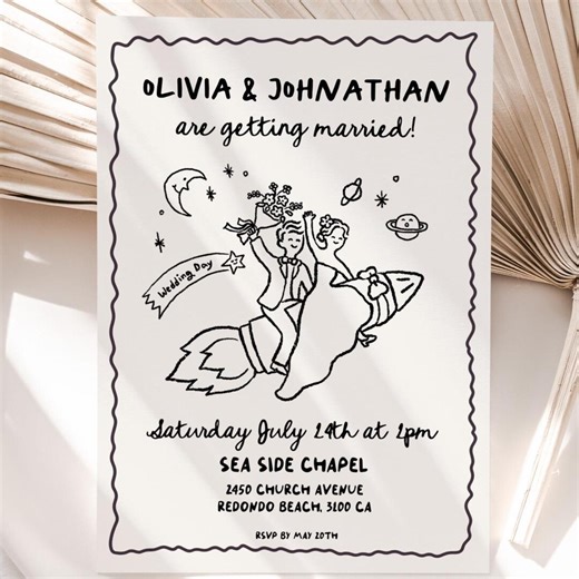 Whimsical Hand Drawn Wedding Invitation, Rocket Invite, Moon, Space, Retro Wedding, Template Instant Download - Etsy