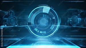 A complex user interface panel composed in shades of blue, featuring numerous graphic elements and data display screens with a prominent central circular radar or sensor-like display.