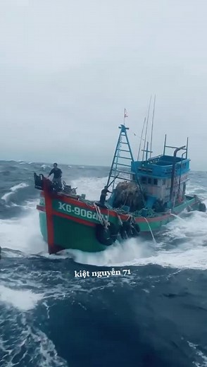 Fishing Boat Battles Stormy Waves in Open Sea