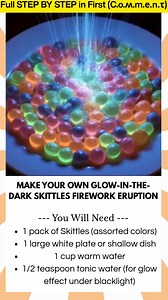 165K views · 1.1K reactions | Make Your Own Glow-in-the-Dark Skittles Firework Eruption Want a science experiment that looks like a candy firework show? This Glow-in-the-Dark Skittles Firework Eruption is colorful, glowing, and super fun to watch. With just a handful of Skittles and some glowing tonic water, you can create a magical rainbow display that kids will love! | Kira Recipes | Facebook
