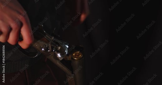 Close up of hands breaking open a double barreled shotgun and loading it with a 12 gauge shell. A shot and discarded casing gets removed from the chamber.