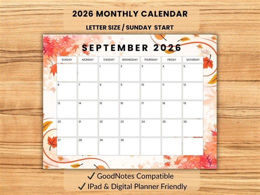 September 2026 Printable Calendar, Monthly Calendar, Wall Calendar, Funny 2026 Calendar, Cute 2026 Calendar, Desk Calendar, Letter, Sunday - Etsy
