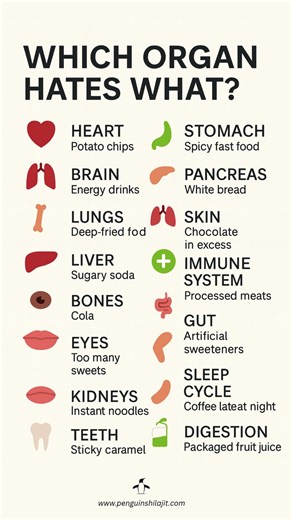 What Your Organs Secretly Hate Here’s what each major organ hates the most: Heart – Potato chips & salty snacks Stomach – Spicy fast food Brain – Energy drinks Pancreas – White bread & refined carbs Lungs – Deep-fried foods Skin – Excess chocolate & sugar Liver – Sugary soda Immune System – Processed meats Bones – Cola & fizzy drinks Gut – Artificial sweeteners Eyes – Too many sweets Sleep Cycle – Coffee late at night Kidneys – Instant noodles (high sodium) Joints – Sausages & processed meats Te