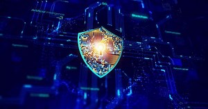 Cyber security concept. Shield With Keyhole icon on digital data background. Illustrates cyber data