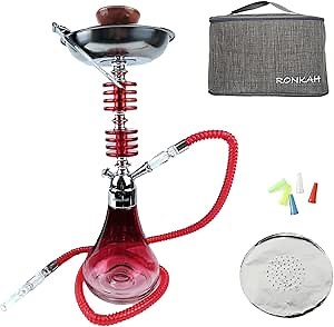 Portable Shisha Hookah Set RONKAH Hookahs 16”Premium Small Hookah Kit Glass Hookah Complete Set with Hookah Accessories Hookah Tongs Hookah Bowl Hookah Stem acrylic Hookah Huka Smoking (Red)