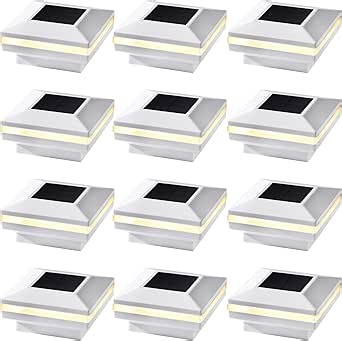 Dynaming 12 Pack Solar Post Lights, Outdoor Solar Powered Decorative Post Cap Light, White Shell & Warm White LED Lighting for Fence Deck Patio, Only Fit 3.5"x3.5" Wooden Posts