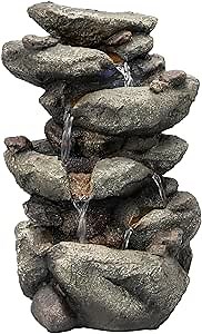 Alpine Corporation TZL154 14" Indoor Tabletop Rainforest Rock Water Fountain with LED Lights, Tiered Desktop Fountain for Home and Office Décor, Gray