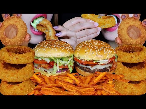 ASMR EATING GIANT CRUNCHY ONION RINGS, BACON CHEESEBURGER, FRIES & RANCH *Red Robin FEAST* 먹방