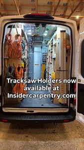 Track saw mounts are now available at insidercarpentry.com. These are specifically designed for mounting tracks to the roof of your van or trailer. They are built extra heavy duty so that they stay stiff when fastening to a curved van ceiling. You can see that I can easily able to put the track away one handed. …and they also look cool. 😎 They install in minutes with self tapping screws. | Insider Carpentry