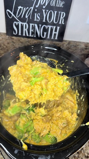 Crockpot Cheesy Chicken Broccoli & Rice Ingredients \t•\t2 lbs chicken breasts or thighs \t•\t2 packets Knorr Cheddar Broccoli Rice (dry, uncooked) \t•\t3 cups chicken broth \t•\t1 can cream of chicken soup \t•\tMontreal Chicken seasoning (to taste) \t•\t1 tsp garlic powder \t•\t1 tsp onion powder \t•\t1 tsp salt \t•\t1 tsp black pepper \t•\t2 cups frozen broccoli florets (added thawed, uncooked) \t•\t2 cups shredded cheddar cheese Instructions \t1.\tAdd chicken, chicken broth, cream of chicken 