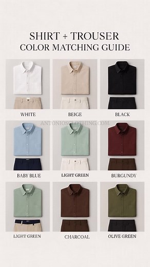 Men's Fashion | Menswear on Instagram: "The ultimate shirt + trouser pairing chart. From light pastels to deep earthy shades—this is how to color-coordinate without the headache. Save for your next outfit planning."
