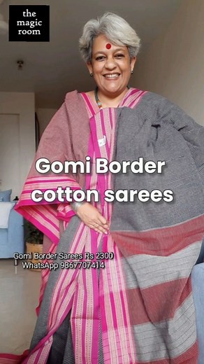 Gomi is a traditional border design used in North Karnataka sarees. These checked sarees with contrast borders in Gomi are handwoven and breathable, with a textured feel. Rs 2300 including taxes and delivery Saree is 6 meters long and 46 inches high suitable for tall people also. Whatsapp wa.me/ 919867707414 to request photos. We also have other sarees from the same region. #magicroommumbai #handweave #weavesofkarnataka #gomi | The Magic Room
