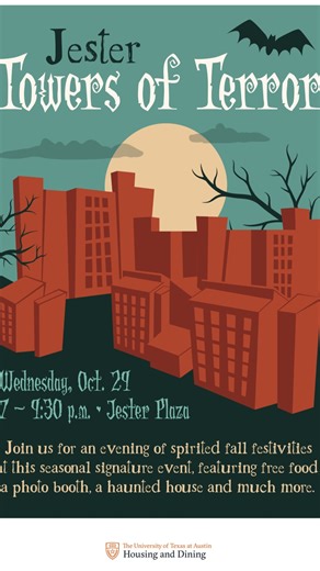 The Jester Residence Halls on Instagram: "It’s that time of the year again… Jester Tower of Terror is BACK!!🎃👻 Wednesday 29th at 7pm JESTER PLAZA!! We will have food, music, a photo booth, a scary haunted house and more…🕷️🕸️ We hope to see you all there🧟"
