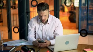 Skilled male smart casual using cellular application for networking public website typing content text and sharing web medial publication, Caucasian man checking email and writing online answer Stock Video