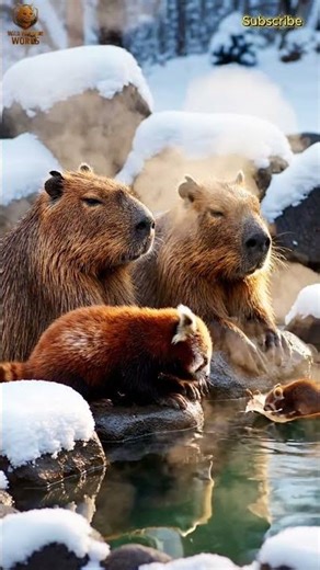 🛁🐼🐭 Capybara Family Bath + Red Panda Cub = Cutest Winter Moment! ❄️