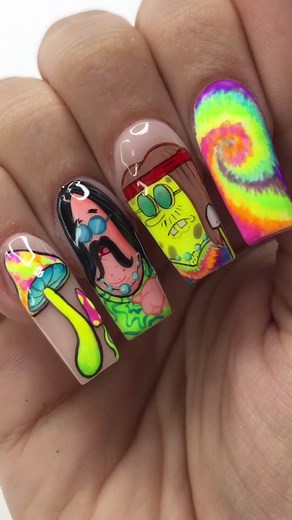 Colorful Hippie Spongebob and Patrick Nail Art Tutorial