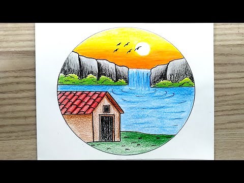 رسم سهل | رسم منظر طبيعي بسيط وسهل بالالوان الخشبية للمبتدئين | رسم منظر طبيعي |تعليم الرسم | رسومات