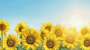 A field of yellow sunflowers with a blue sky in the background. The sunflowers are in full bloom and the sky is clear and bright. Scene is cheerful and uplifting