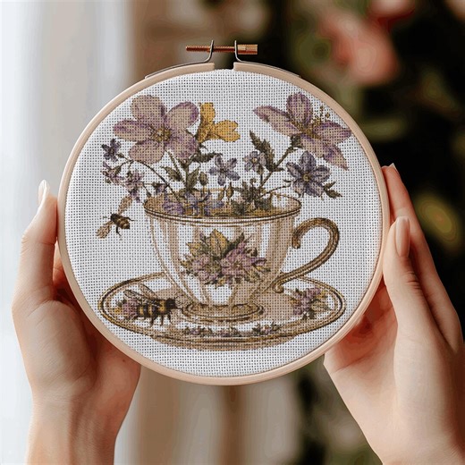 Floral Glass Teacup Cross Stitch Pattern PDF, Lavender Flower Embroidery, Vintage Tea Cup Chart, Botanical Bee Needlepoint, Instant Download - Etsy