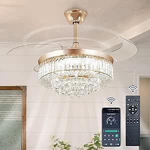 Dimmable Retractable Ceiling Fan: 42" Chandelier Fan Light Fixture with App Remote - Modern Gold Crystal Fandelier Ceiling Light for Bedroom Living Room - 6 Speed DC Motor Timer
