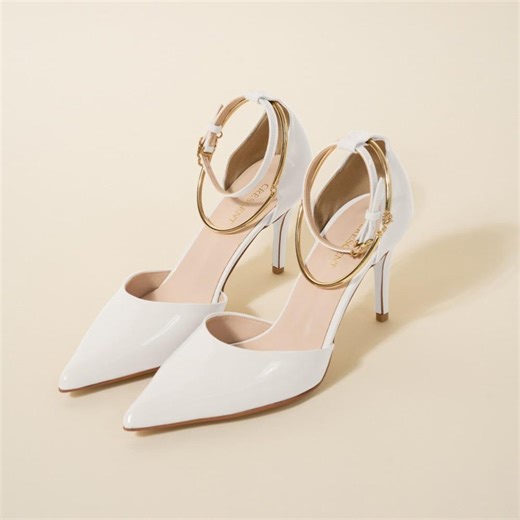 White Patent Wedding Strap Heels With Detachable Gold Ring, Bridal Party Prom Stiletto Shoes - Etsy