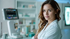 Portrait of a doctor standing near body analyzer machine at beauty salon. Concept of non-invasive and quick body research for beauty industry