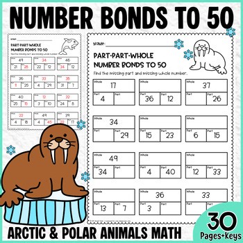 Number Bonds to 50 Worksheets | Arctic & Polar Animals Missing Part Part Whole