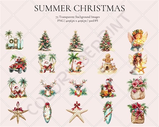 Summer Christmas Clipart, Tropical Festive Holiday Graphics, Funny Card Designs, Digital Download, Commercial Use, 75 Pngs - Etsy
