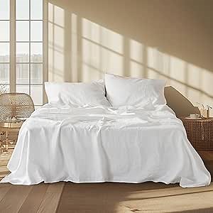 Bedsure King Size Bed Sheets, Cotton Linen Sheet Set, Anti - Pilling, Ultra-Soft & Breathable, Deep Pocket King Fitted Bedsheets Up to 16 Inches, 4 Pieces, Pure White