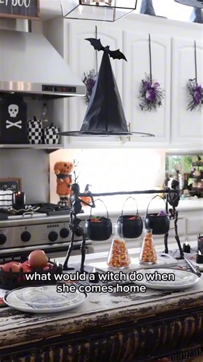 Homeworthy on Instagram: "Halloween magic is in the air, and content creator and YouTuber @mrslaurennicholsen’s Napa Valley home is serving it in style! 🎃💀 Witch hats float above bubbling cauldrons in her kitchen, and every corner of her spooky home is full of playful whimsy. Watch Lauren’s Halloween @homeworthy tour at HOMEWORTHY.COM!! #homeworthy #halloween #napa #california #halloweendecor #halloweenDIY #housetour"