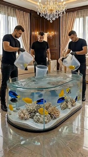 Luxury aquarium table with vibrant fish, white sand & coral – perfect modern home decor!"