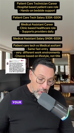 Replying to @Shakeel n Razia🌺🇺🇸🌹🇫🇯🏝️ Patient care technician and medical assistant careers are often confused, but they lead to very different day to day work. A patient care technician career is hospital based and focused on direct bedside patient care. Patient care technicians support nurses, assist patients, and work hands-on in physically demanding environments. Patient care technician salary typically ranges from $35K to $50K starting, with higher pay available for night shifts and h