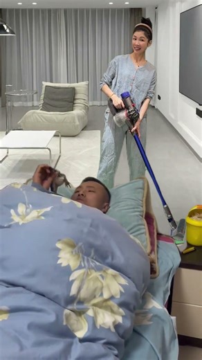 Husband's reaction when wife used vacuum on him in bed 💀 #marriage #funny #cute