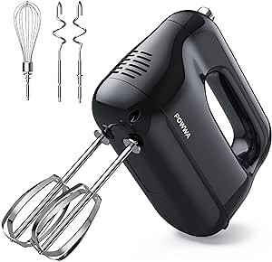 Hand Mixer, POWWA 5 Speed Electric Kitchen Handheld Mixers with 5 Food Grade Stainless Steel Attachments (2 Beaters, 2 Dough Hooks, 1 Whisk) for Whipping/Mixing Cake, Egg, Cream, Cookies