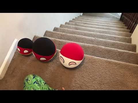 Punching 5 Country Ball Plushies down the stairs