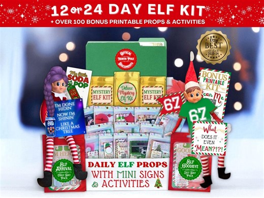 DELUXE 12 or 24 Day Elf Kit | Preplanned Elf Advent Box | Daily Props, Signs   Kids Activities | Funny Christmas Scenes   BONUS Printables - Etsy