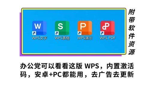 办公党可以看看这版 WPS软件，内置激活码，安卓 PC都能用，去广告去更新！