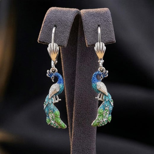 925 Sterling Silver Enamel Peacock Earrings • Blue Green Bird Dangle Leverbacks • Boho Whimsical Animal Jewelry • Peacock Gift - Etsy