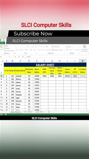 Salary Sheet in Excel | Easy Formula Trick 💰🔥 #excel #shorts