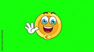 Waving hand animation of a euro gold coin cartoon, mascot character on green screen