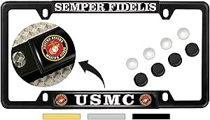 [Officially Licensed US Marine Corps Product] - USMC Semper Fidelis - Domed Custom-Made Personalized Narrow (Thin) Top 4 Hole Metal Car License Plate Frame with Free caps - Black (Qty: 1 Frame)