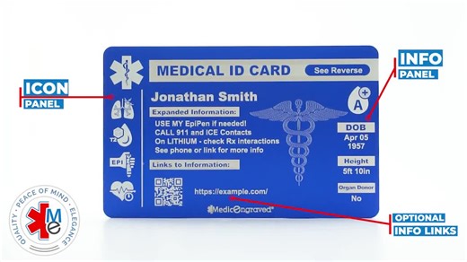 Medicengraved® Medical ID Card, Personalized Medical Alert Emergency Wallet Card, Laser Engraved on Blue or Red Anodized Aluminum - Etsy