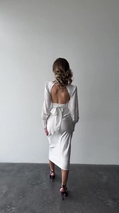 White Silk Open Back Dress With Long Sleeves, White Silk Midi Dress for Elopement, Silk Turtleneck Dress With Open Back for Civil Wedding - Etsy